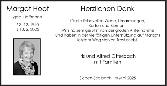 Traueranzeige von Margot Hoof von Siegener Zeitung