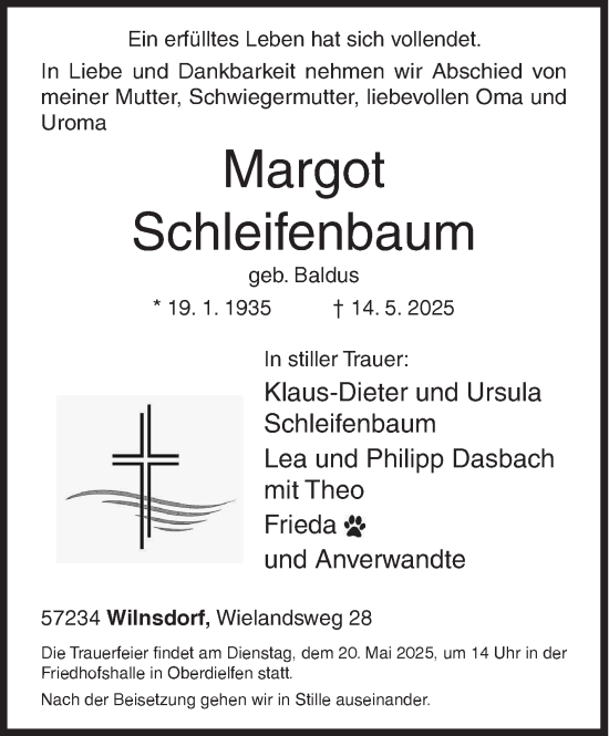 Traueranzeige von Margot Schleifenbaum von Siegener Zeitung