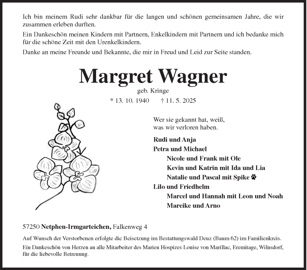  Traueranzeige für Margret Wagner vom 17.05.2025 aus Siegener Zeitung