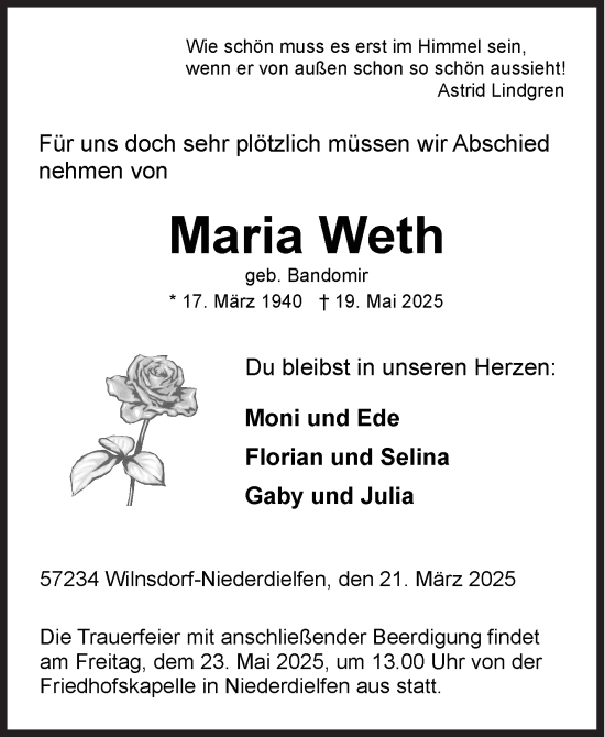 Traueranzeige von Maria Weth von Siegener Zeitung