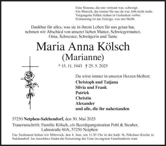 Traueranzeige von Maria Anna Kölsch von Siegener Zeitung