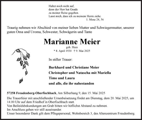 Traueranzeige von Marianne Meier von Siegener Zeitung
