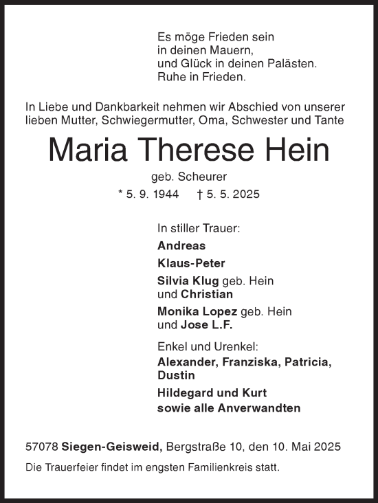Traueranzeige von Maria Therese Hein von Siegener Zeitung