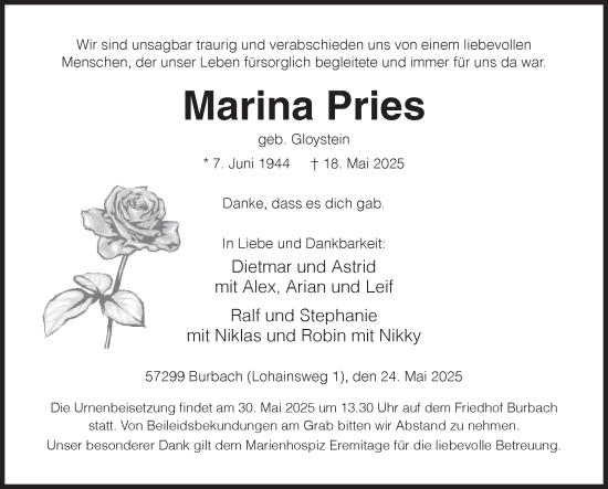 Traueranzeige von Marina Pries von Siegener Zeitung