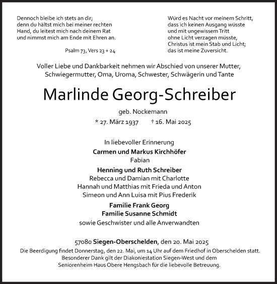 Traueranzeige von Marlinde Georg-Schreiber von Siegener Zeitung