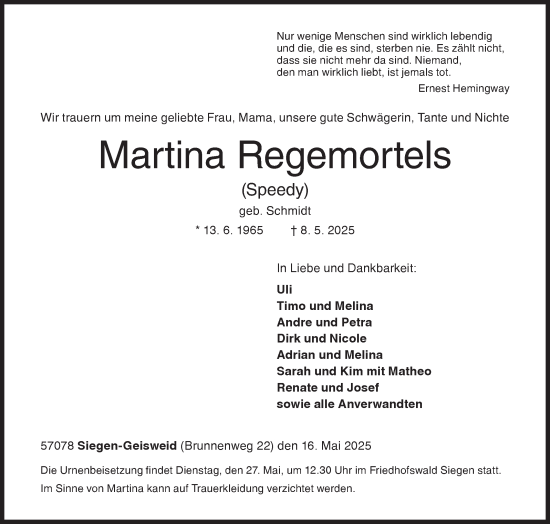 Traueranzeige von Martina Regemortels von Siegener Zeitung