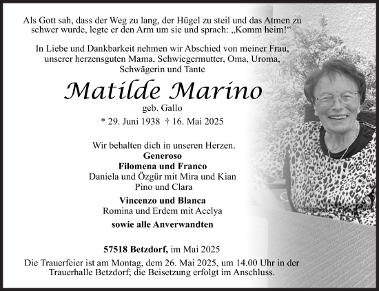 Traueranzeige von Matilde Marino von Siegener Zeitung