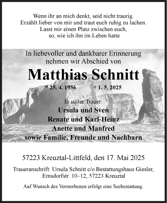 Traueranzeige von Matthias Schnitt von Siegener Zeitung