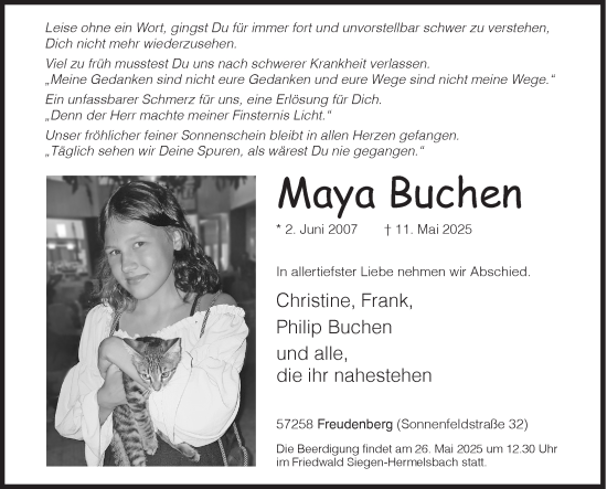 Traueranzeige von Maya Buchen von Siegener Zeitung