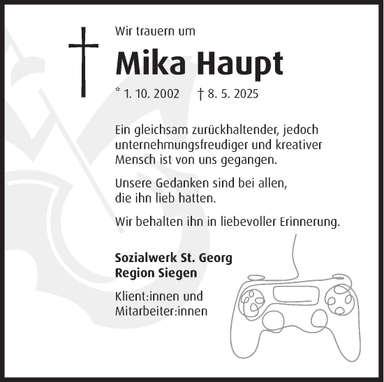 Traueranzeige von Mika Haupt von Siegener Zeitung