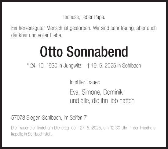 Traueranzeige von Otto Sonnabend von Siegener Zeitung