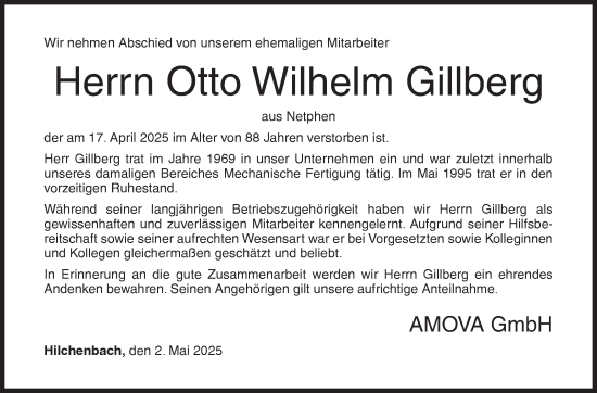 Traueranzeige von Otto Wilhelm Gillberg von Siegener Zeitung