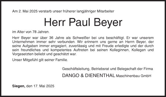 Traueranzeige von Paul Beyer von Siegener Zeitung