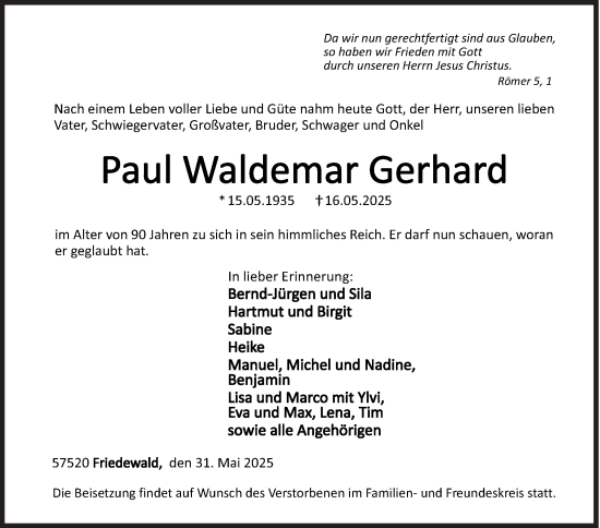 Traueranzeige von Paul Waldemar Gerhard von Siegener Zeitung