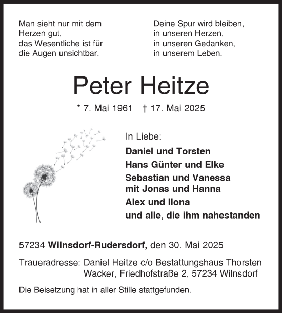Traueranzeige von Peter Heitze von Siegener Zeitung