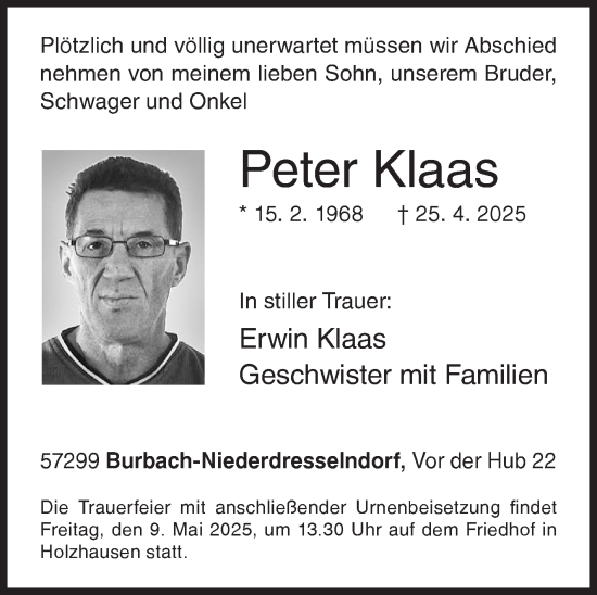 Traueranzeige von Peter Klaas von Siegener Zeitung