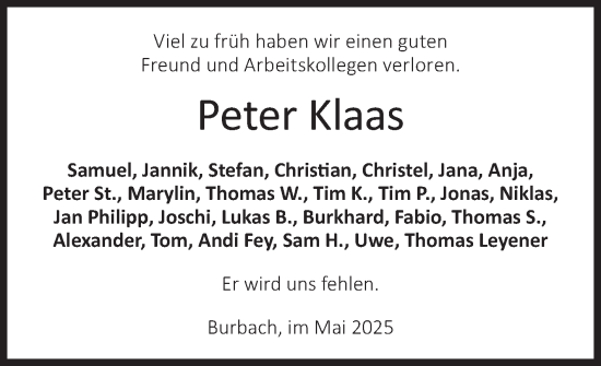 Traueranzeige von Peter Klaas von Siegener Zeitung