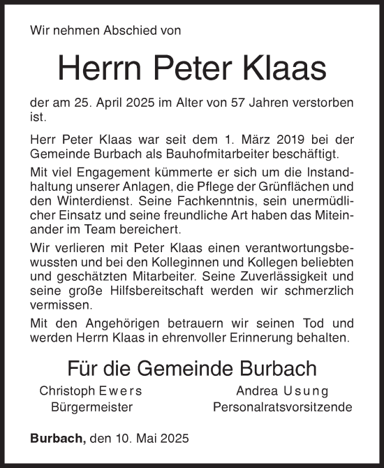 Traueranzeige von Peter Klaas von Siegener Zeitung