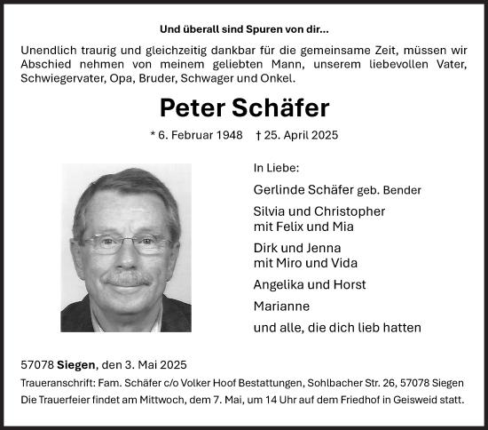 Traueranzeige von Peter Schäfer von Siegener Zeitung