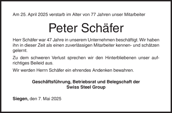 Traueranzeige von Peter Schäfer von Siegener Zeitung