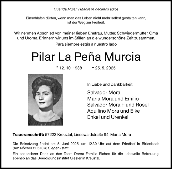 Traueranzeige von Pilar Murcia von Siegener Zeitung