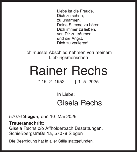 Traueranzeige von Rainer Rechs von Siegener Zeitung