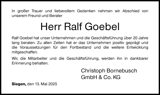 Traueranzeige von Ralf Goebel von Siegener Zeitung