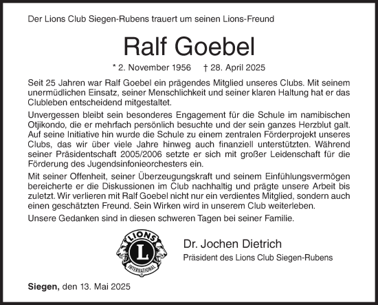 Traueranzeige von Ralf Goebel von Siegener Zeitung