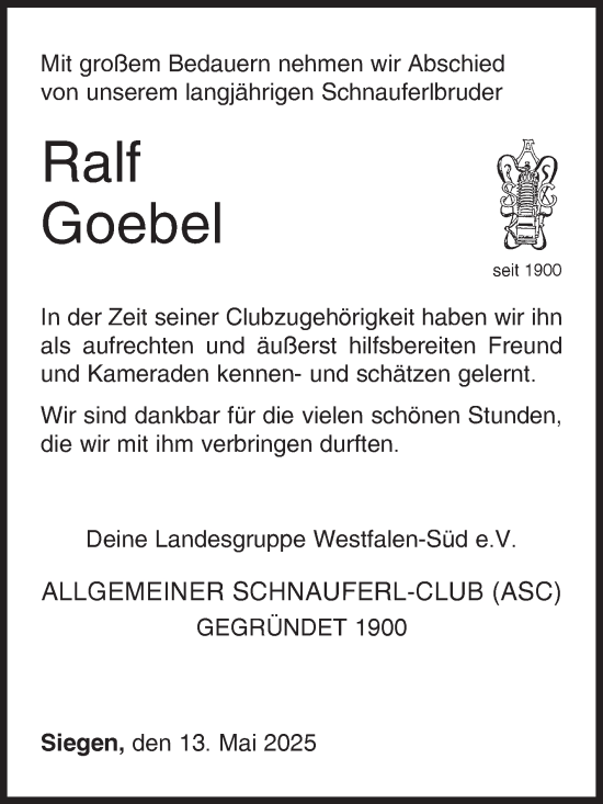 Traueranzeige von Ralf Goebel von Siegener Zeitung