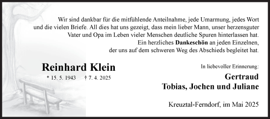 Traueranzeige von Reinhard Klein von Siegener Zeitung