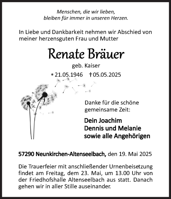 Traueranzeige von Renate Bräuer von Siegener Zeitung