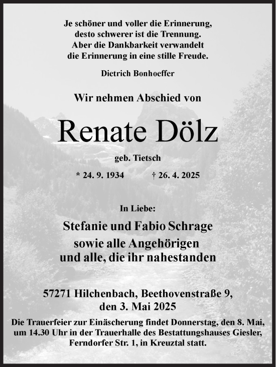 Traueranzeige von Renate Dölz von Siegener Zeitung