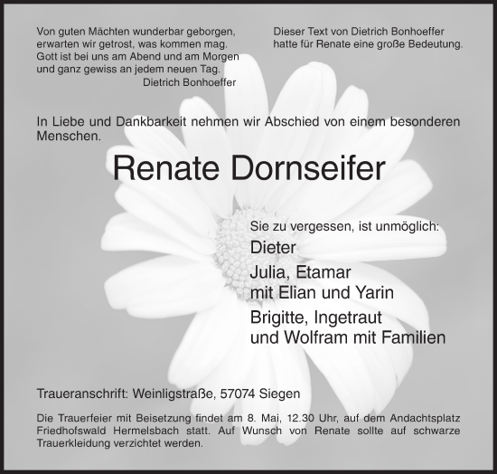 Traueranzeige von Renate Dornseifer von Siegener Zeitung