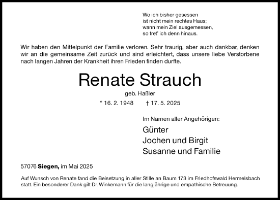 Traueranzeige von Renate Strauch von Siegener Zeitung