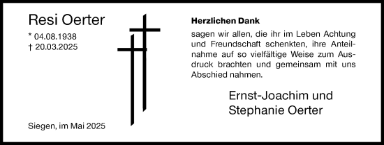 Traueranzeige von Resi Oerter von Siegener Zeitung