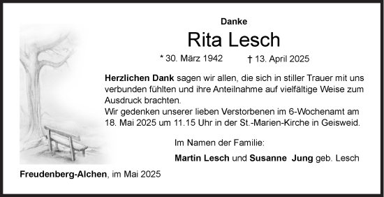 Traueranzeige von Rita Lesch von Siegener Zeitung