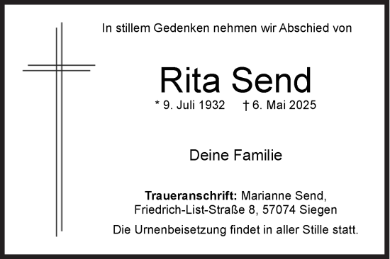 Traueranzeige von Rita Send von Siegener Zeitung