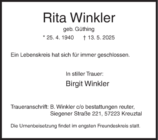 Traueranzeige von Rita Winkler von Siegener Zeitung