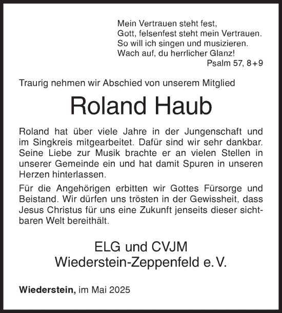 Traueranzeige von Roland Haub von Siegener Zeitung