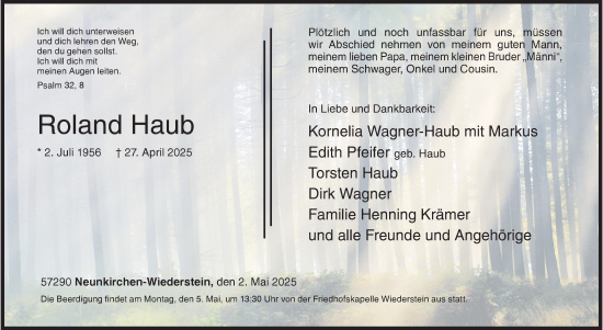 Traueranzeige von Roland Haub von Siegener Zeitung