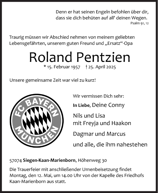 Traueranzeige von Roland Pentzien von Siegener Zeitung