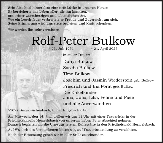 Traueranzeige von Rolf-Peter Bulkow von Siegener Zeitung