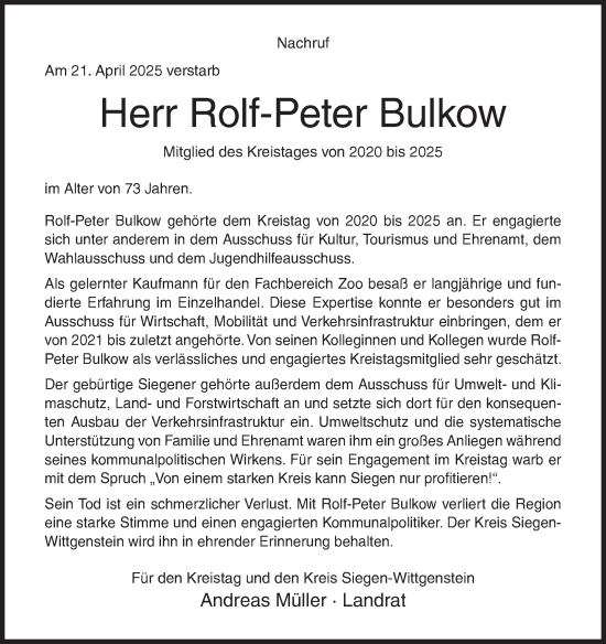 Traueranzeige von Rolf-Peter Bulkow von Siegener Zeitung