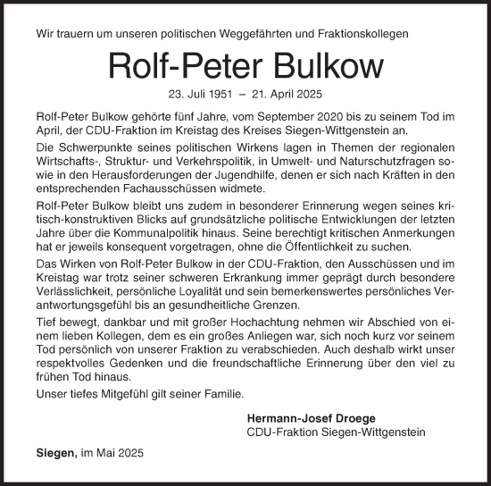 Traueranzeige von Rolf-Peter Bulkow von Siegener Zeitung