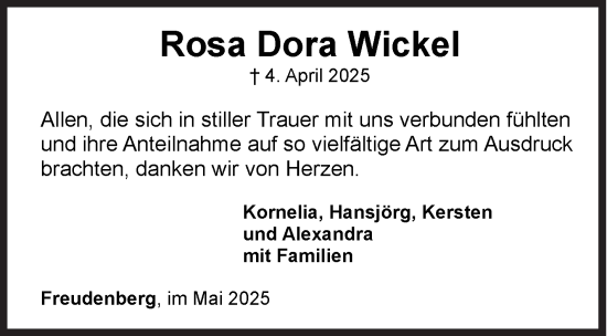 Traueranzeige von Rosa Dora Wickel von Siegener Zeitung