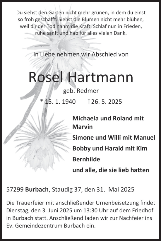 Traueranzeige von Rosel Hartmann von Siegener Zeitung