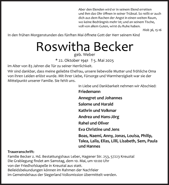 Traueranzeige von Roswitha Becker von Siegener Zeitung