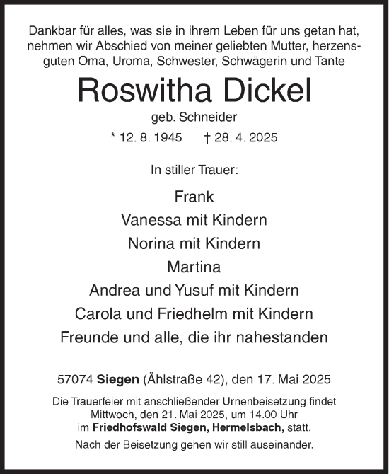 Traueranzeige von Roswitha Dickel von Siegener Zeitung