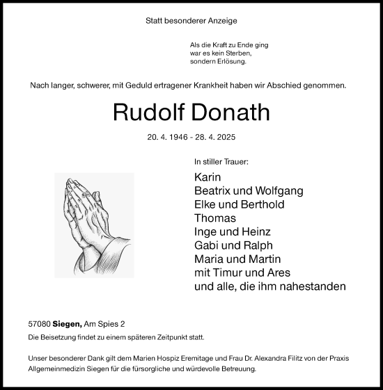 Traueranzeige von Rudolf Donath von Siegener Zeitung