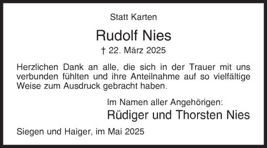 Traueranzeige von Rudolf Nies von Siegener Zeitung